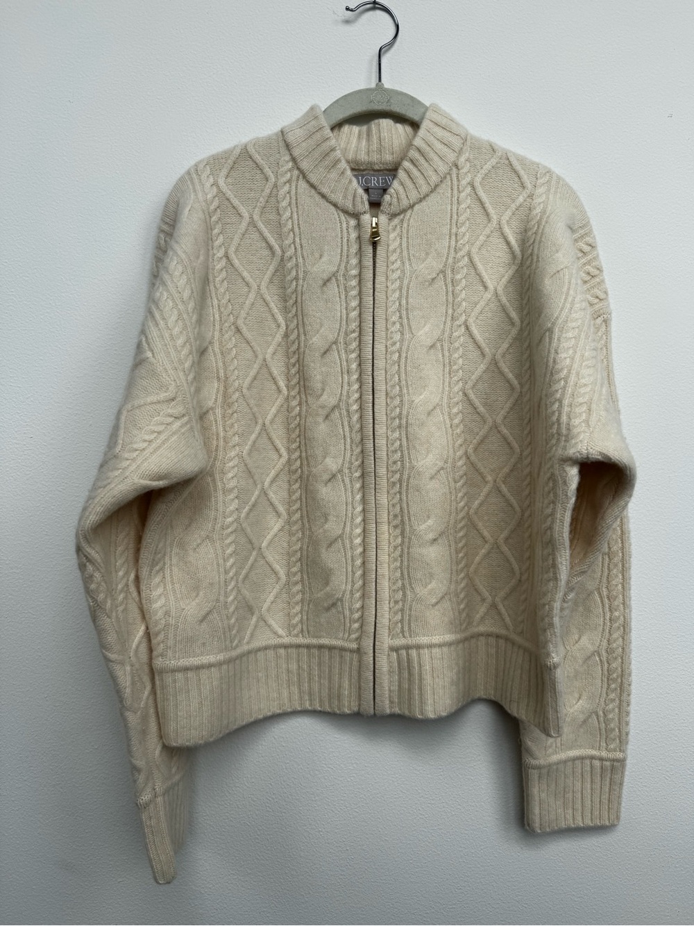 J. Crew Ivory Cable-Knit Zip Cardigan